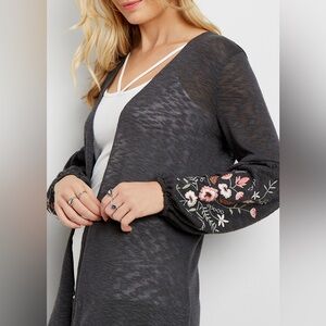 30” ptp light weight, Embroidered Gray Cardigan. With a bell sleeve.